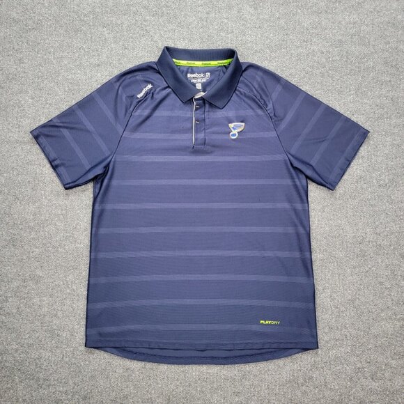 St Louis Blues‎ Polo Shirt Mens XL Blue Striped Reebok Playdry NHL Hockey Sports - Picture 1 of 12